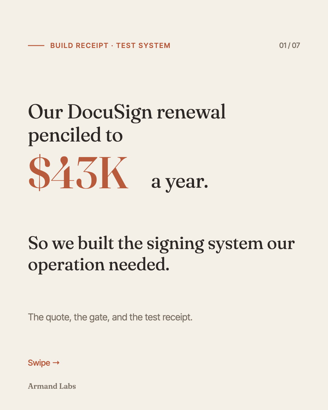 Armand Labs signing-system build: DocuSign renewal penciled to $43K a year
